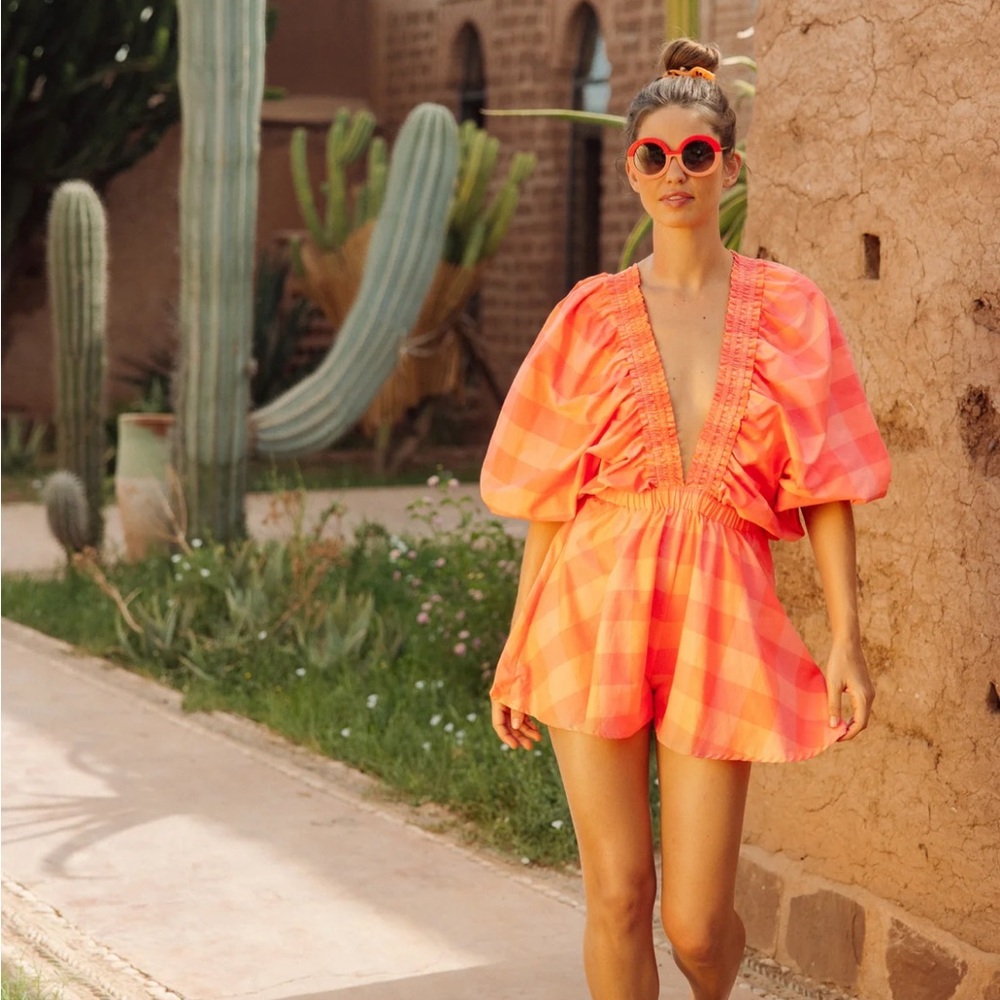 Vibrant Coral Plaid Deep-V Romper